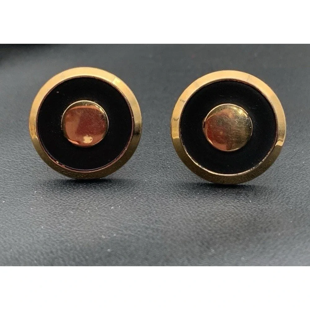 Vintage Swank Gold Tone And Matte Black Round Classic Cufflinks Signed